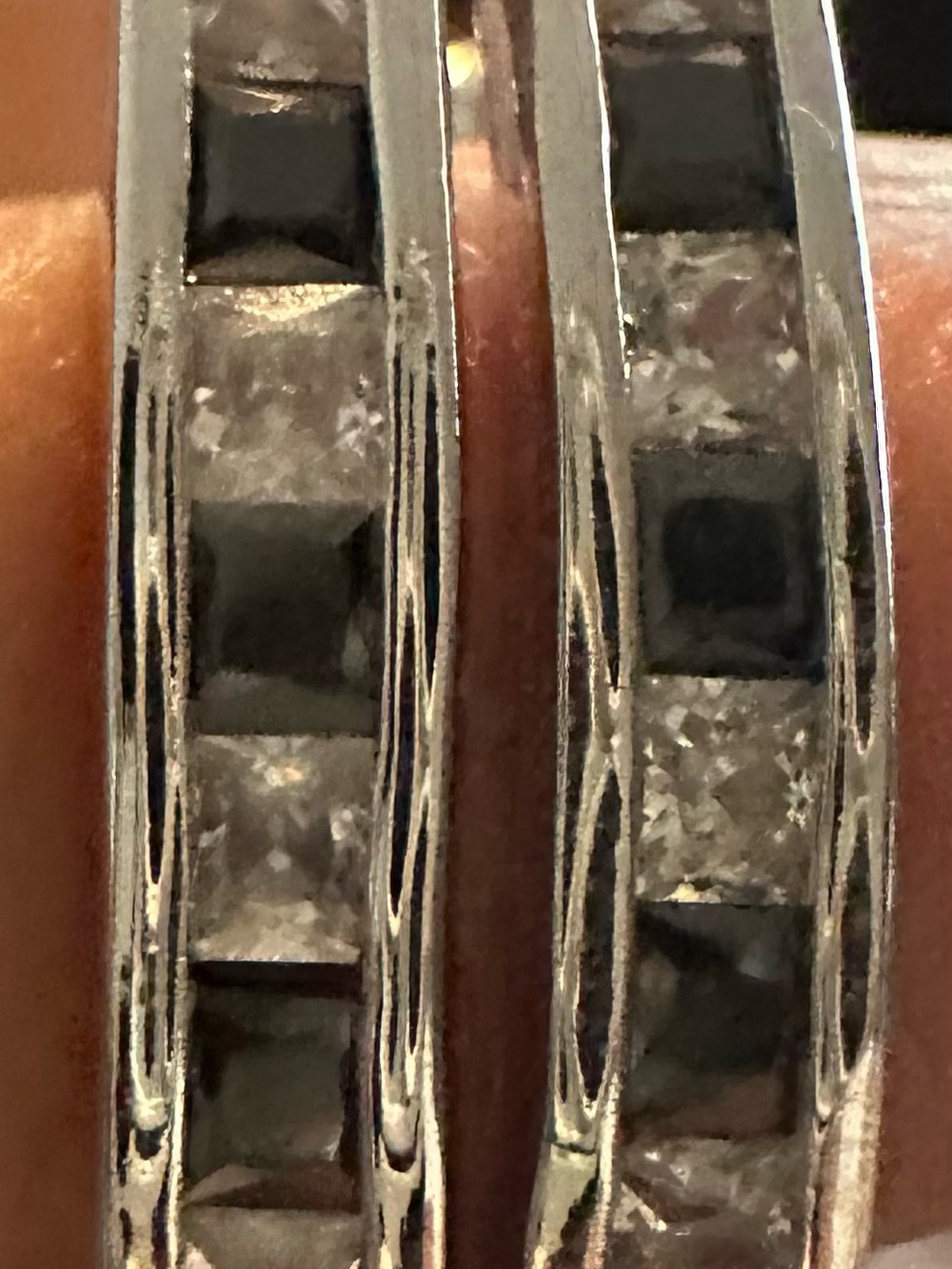 Silver Crystal Channel-Set Hoop Earrings - Black and white diamond stones.